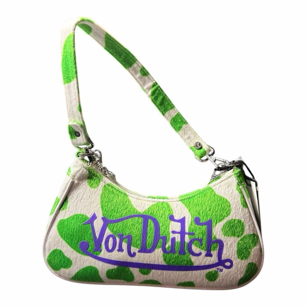 Von Dutch Green Cow Print Shoulder Bag Y2K Retro Purse Rare